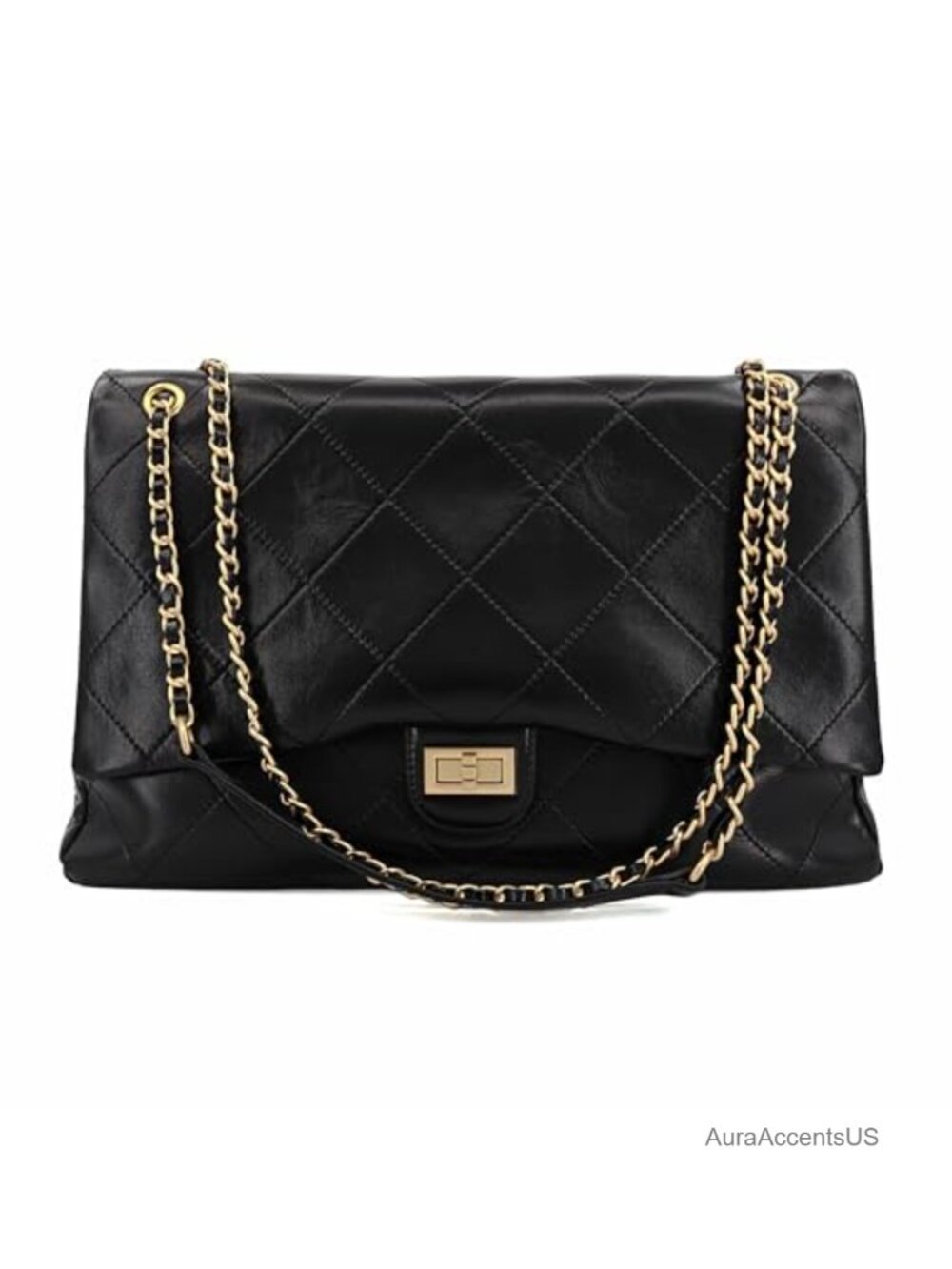 Vintage Oiled Leather Quilted Flap Shoulder Bag Chain Strap Spacious XL